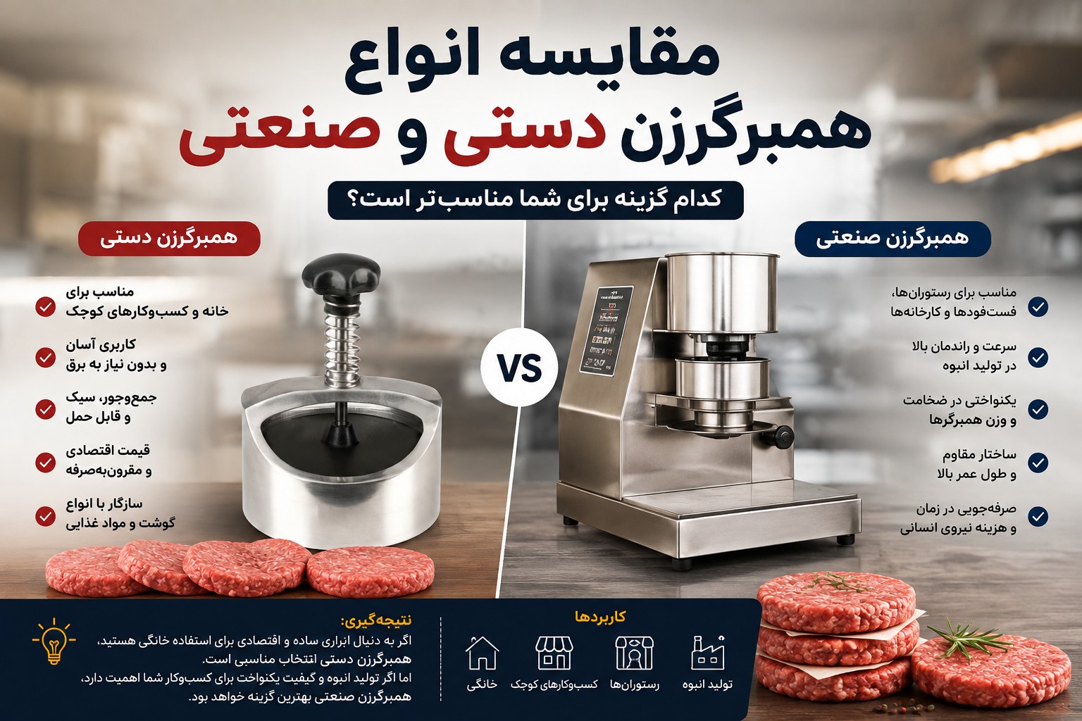 راهنمای مقایسه همبرگرزن دستی و صنعتی